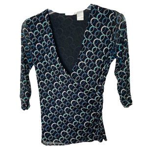 Worthington Womens Medium Geometric Print Faux Wrap Top Black Teal Stretch Boho
